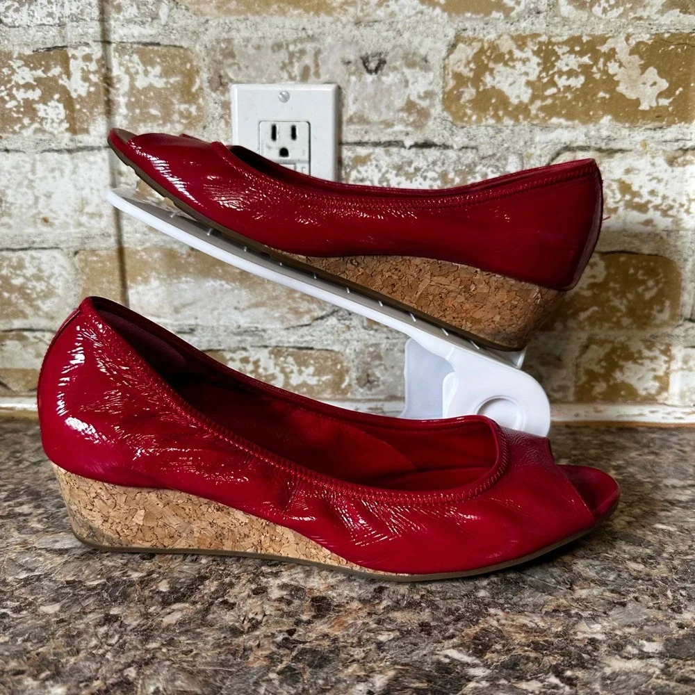 Cole Haan Wedge Sandals Womens 10B Red Patent Leather Nike Air Peep Toe Cork